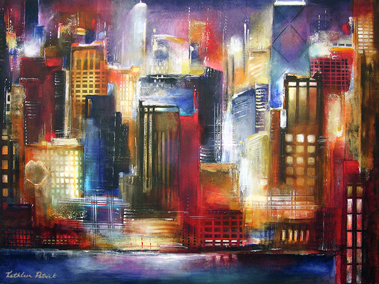 A very colorful painting print of Chicago in reds,gold, and blue