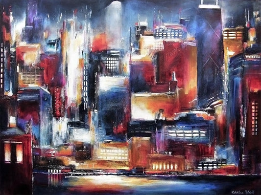 Painting of Chicago Skyline at Night canvas print by Kathleen Patrick.