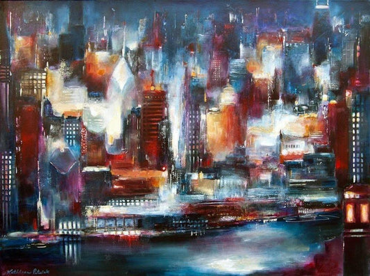 Chicago at night, as seen from the south side of Chicago painted in rich jewel tones.