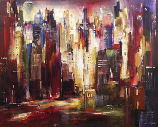 A colorful Chicago Skyline Art Canvas Wrap Print by artist Kathleen Patrick.