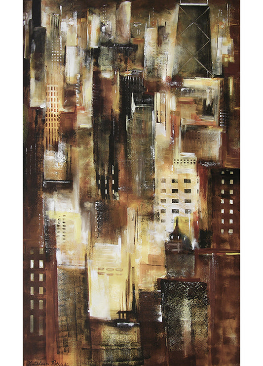 This vertical canvas print shows the towering structures that form the Chicago skyline in the glow of evening light.