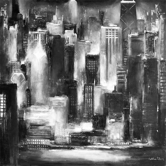 A black and white painting print of the Chicago skyline, bustling with the energy of a great city