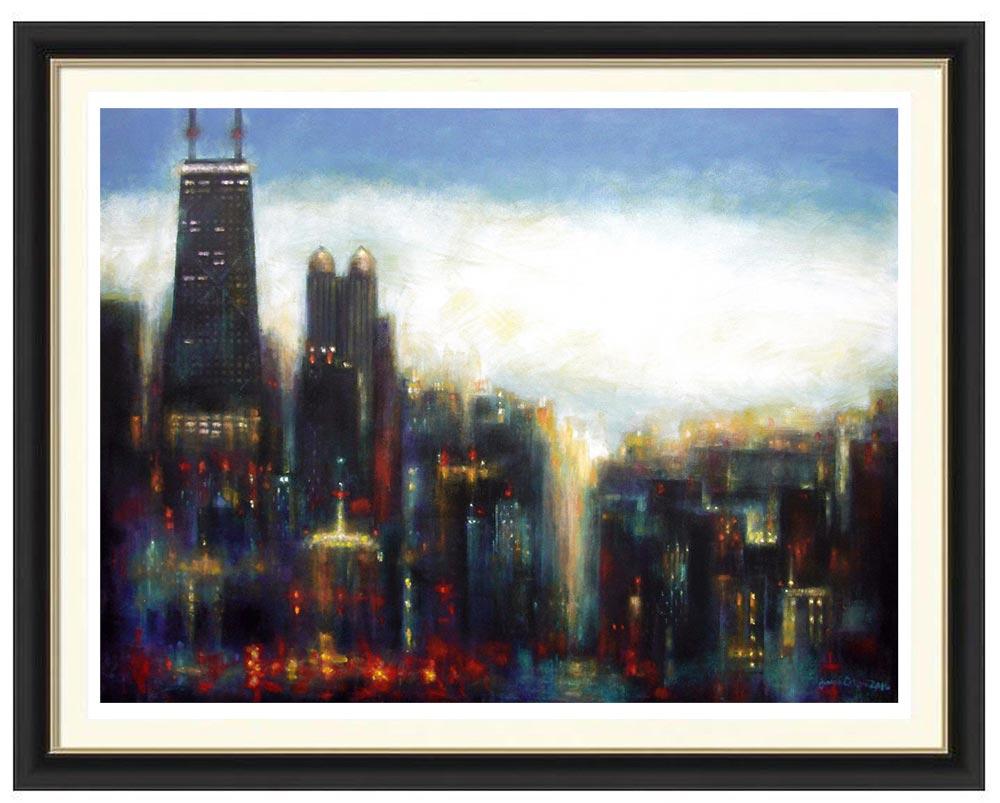 This Chicago Skyline Art Framed Print, "Chicago Misty Morning" is based on an original painting of Chicago created by artist Joseph Catanzaro.