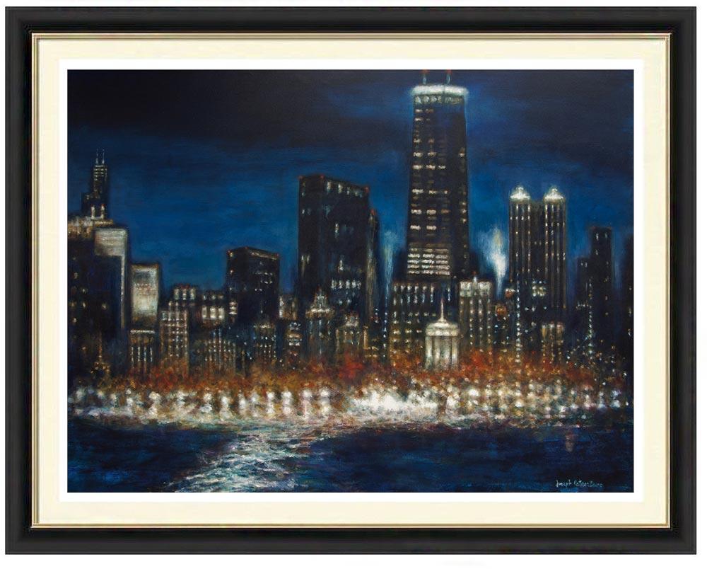 This Chicago city framed print, "Chicago Night" is based on an original Chicago skyline painting created by artist Joseph Catanzaro.