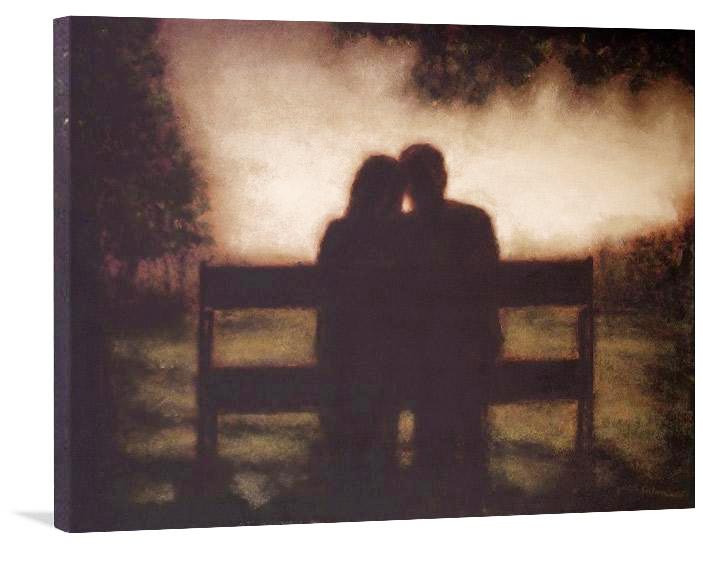 Canvas Print Romantic artwork of couple sitting on bench together.