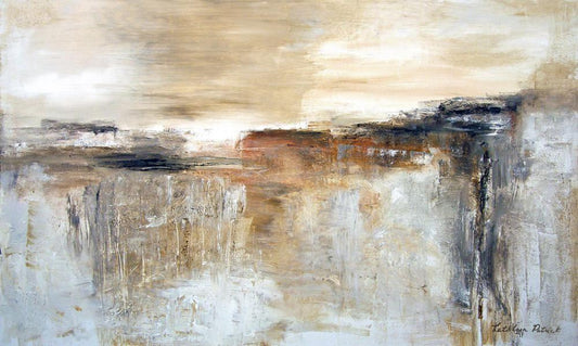 An abstract landscape painting featuring various shades of beige, brown, and white, with subtle hints of darker colors, representing a serene horizon.