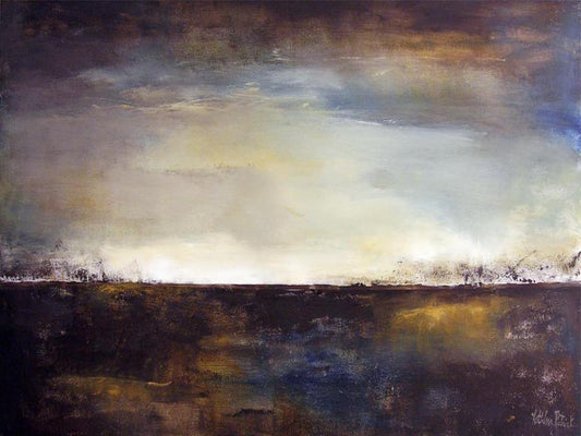 Landscape painting with a distant horizon with the last rays of the sun.