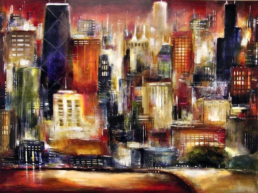 A painting of the Chicago skyline in vibrant colors of gold, rust, green and blue.