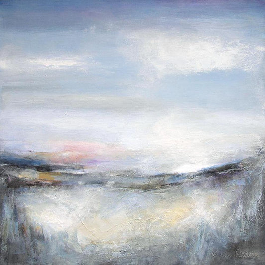 An abstract landscape painting featuring soft, muted colors with a serene atmosphere, representing an evening scene.