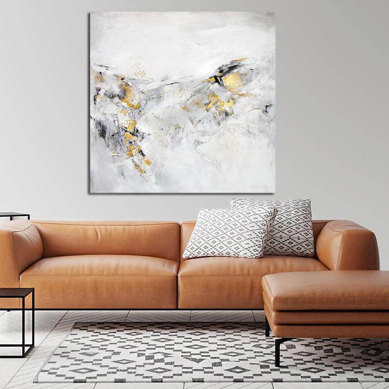 Neutral Abstract Landscape Canvas Print "Of Land and Sky" above a sofa