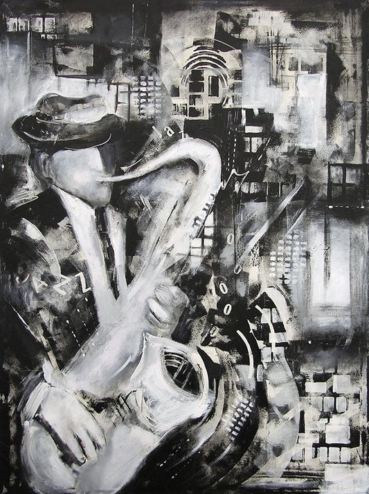 A black and white painting of a saxophone with an abstract skyline in the background.