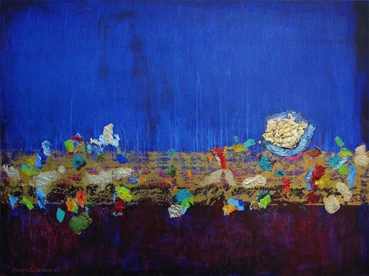 Abstract landscape painting print with metallic golds on canvas