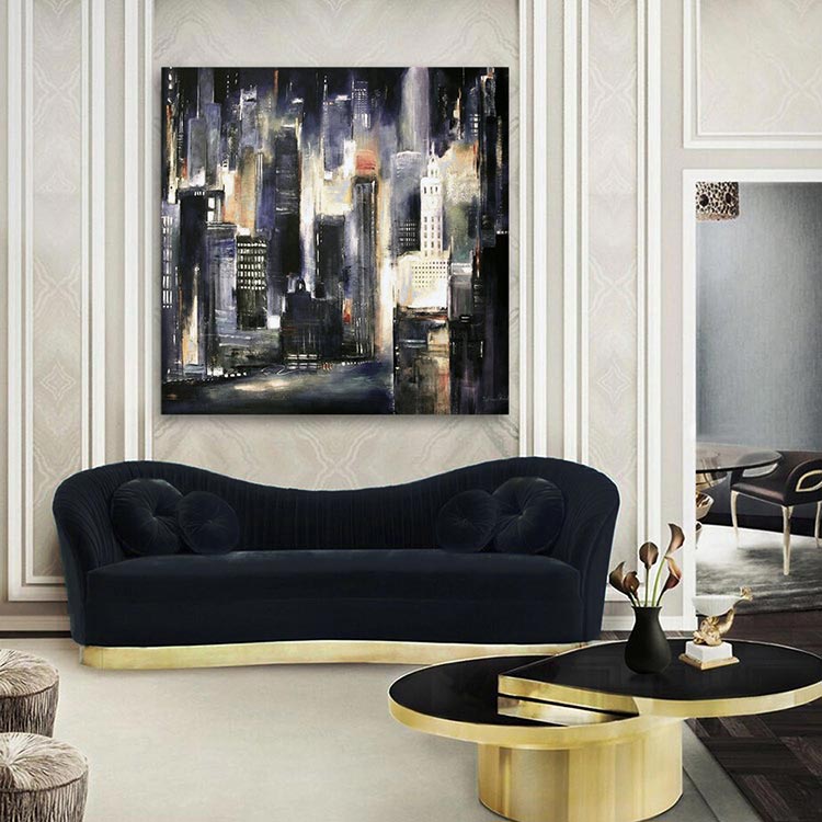 Chicago Skyline Painting Print - "Chicago River Tonight" in a contemporary living room