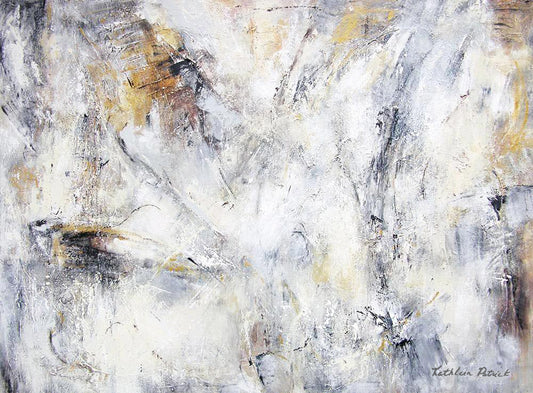 "A Song of Time" is a neutral colored abstract painting combining tones of black and white with accents of tan.