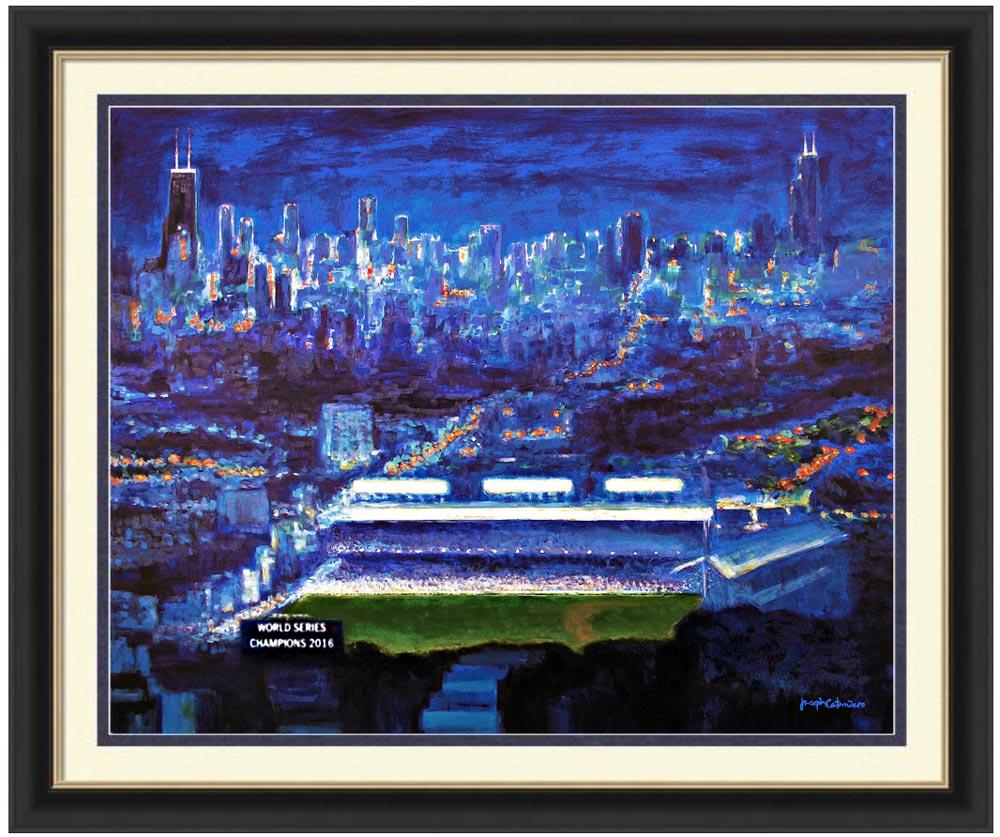 Framed print "Chicago Wrigley Field at Night" is based on an original Chicago painting created by artist Joseph Catanzaro.