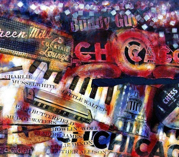 A  mixed media painting about famous Chicago blues and jazz musicians.