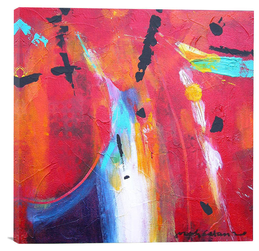 An abstract canvas print featuring a vibrant mix of red, blue, and black colors, with a textured and spontaneous appearance.