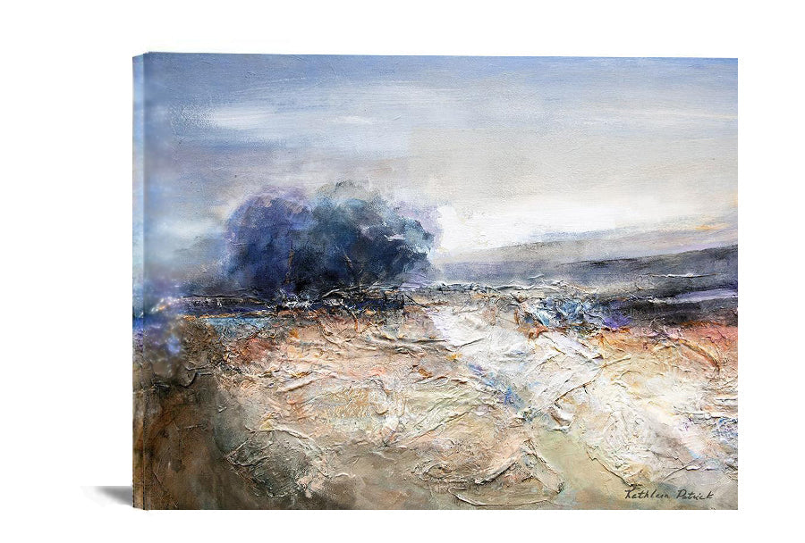 Two trees stand atop a hillside in this textural andscape painting by artist Kathleen Patrick