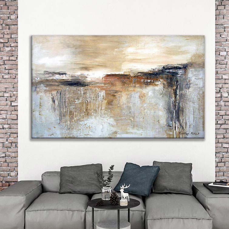 Neutral Abstract Landscape Canvas Print "On the Quiet Horizon" OVER A SOFA