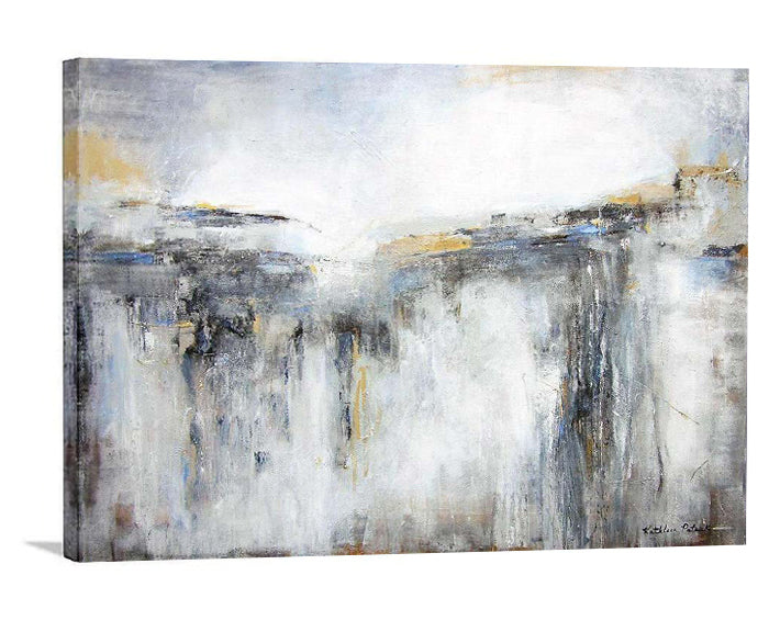 Abstract art painting with a mix of white, gray, and beige tones on a canvas.