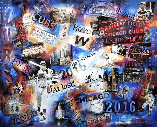 Collage of Chicago Cubs baseball history images.