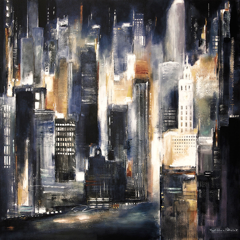 Chicago River Skyline Painting Print - Chicago River Tonight