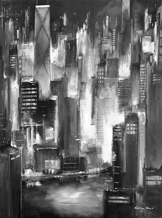 Chicago river  black and white cityscape painting 