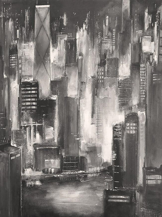 Chicago skyline view along the river - art painting created with only black and white paints.