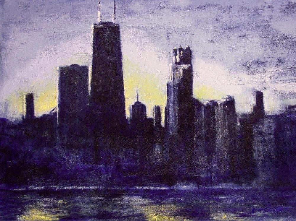 Chicago Skyline print on canvas. Chicago in the late evening.