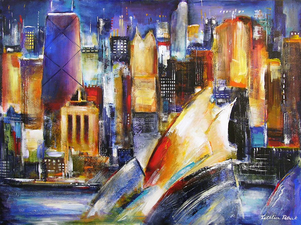 Sailboats glide in front of the Chicago skyline in this colorful painting print on canvas.