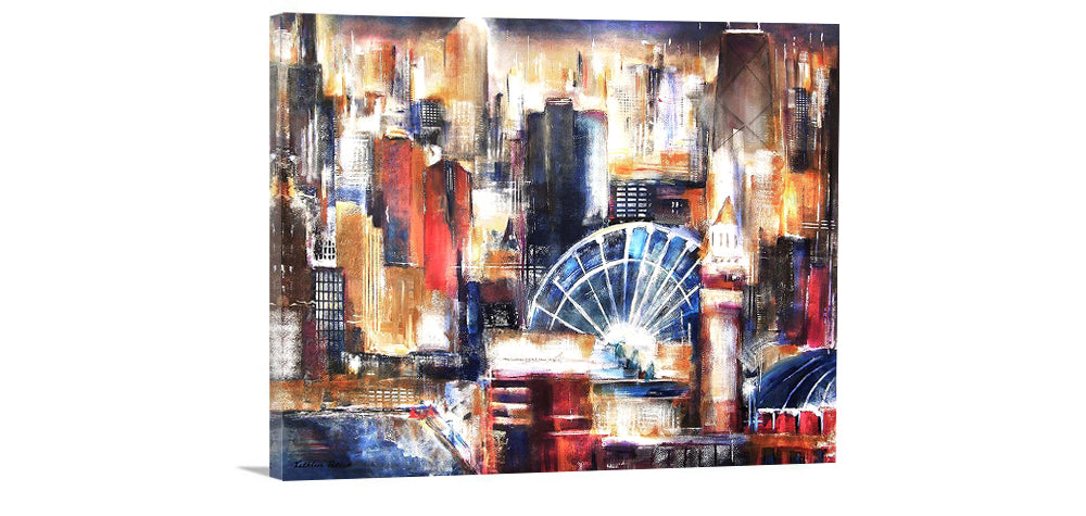 A colorful Chicago skyline painting print as seen from Navy Pier
