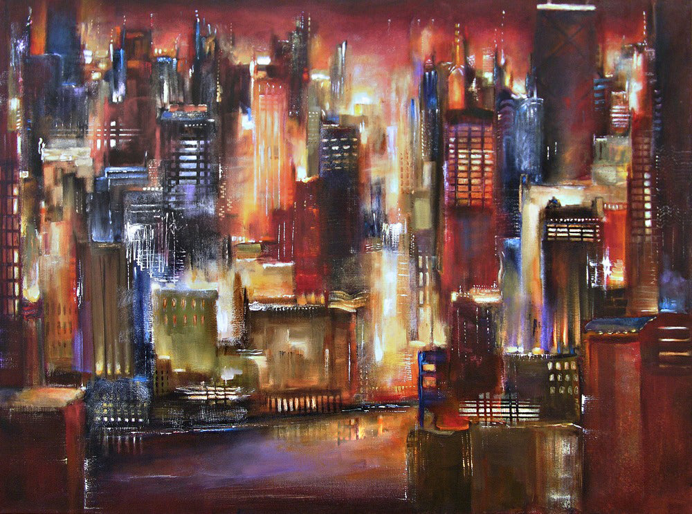 Chicago Cityscape Painting Print -"Chicago River Sunset"