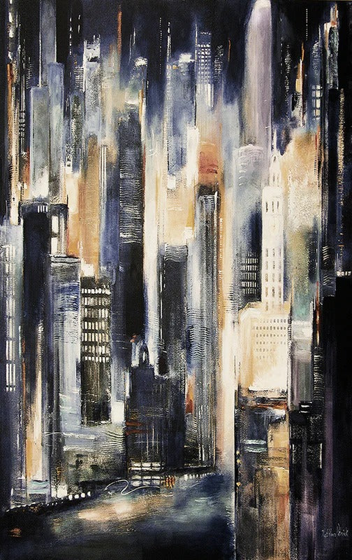 The iconic skyline is unmistakably Chicago on the river - a stunning display against the night sky."