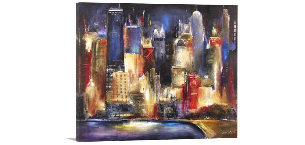 Chicago skyline painting print on canvas - glowing buildings against the sky at night.