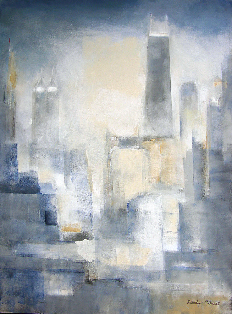  Print of a Chicago skyline in the mist on canvas in neutrals.