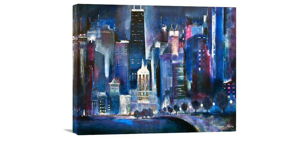Chicago Skyline at Night Painting Print with 1.5 inch sides