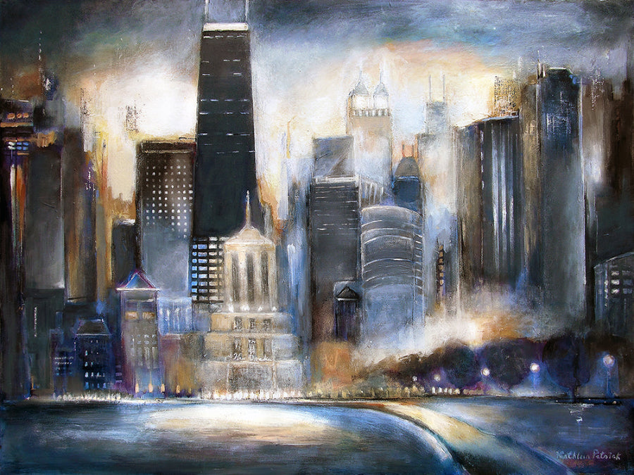 A contemporary painting of the Chicago skyline at sunset in neutral colors of blue, tan and beige.