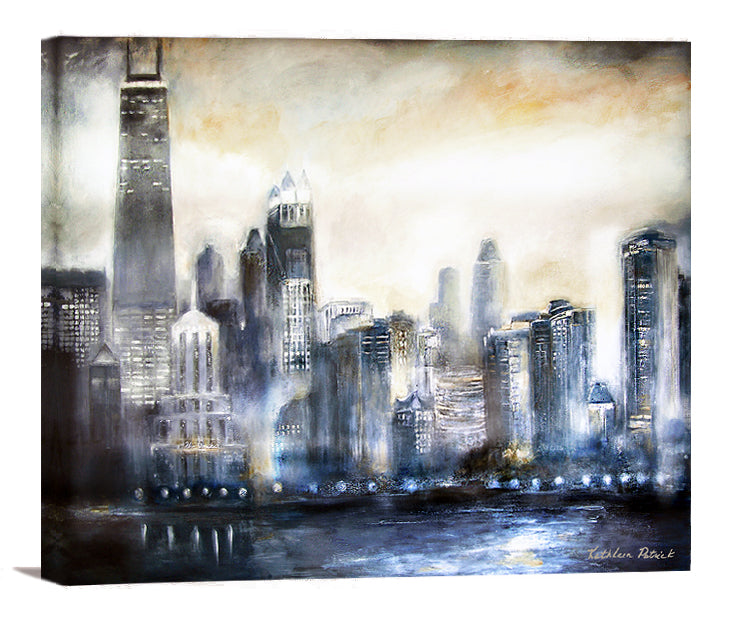 Ready to hang neutral colored Chicago Skyline print on canvas
