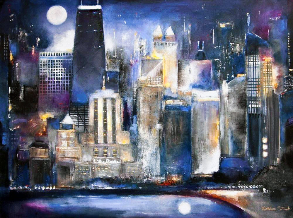 A full moon glows brightly over the Chicago skyline in this original cityscape painting.