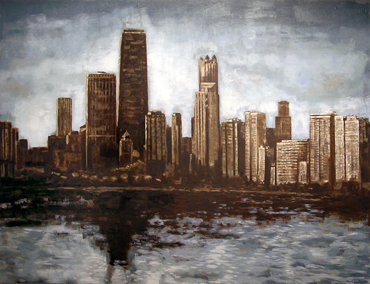 Chicago Skyline Print on Canvas in neutral colors.