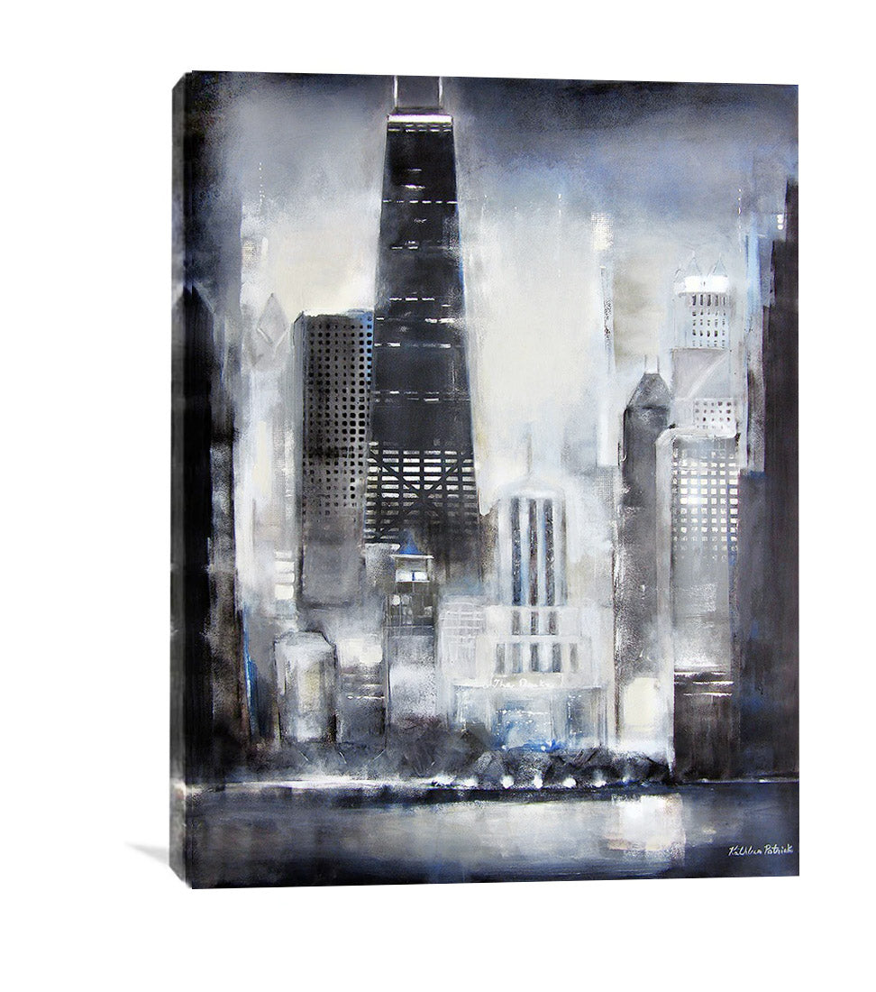 Abstract cityscape painting on a white background