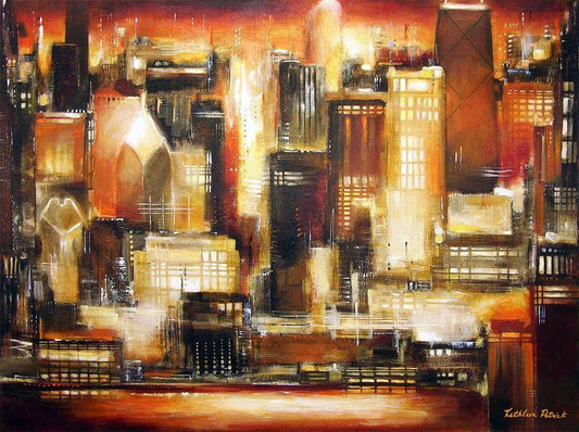 This striking sunset painting of the Chicago skyline radiates with warm glowing color