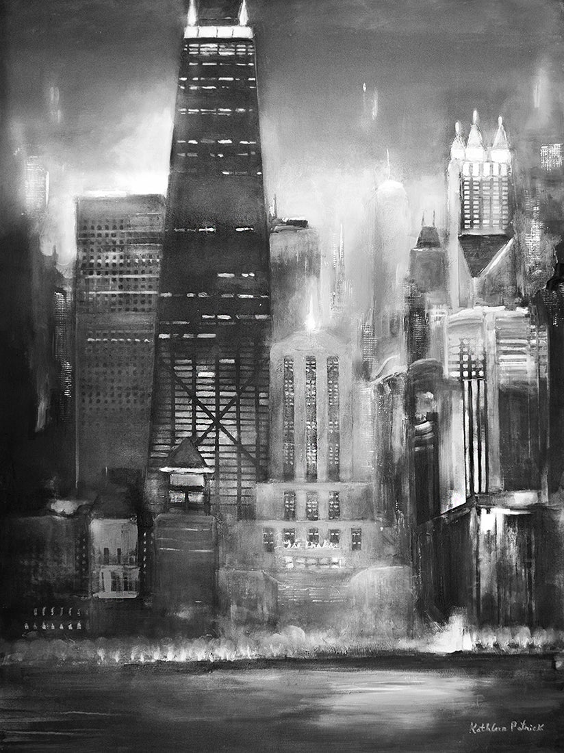 A Chicago Skyline Canvas Print in Black and White titled "Chicago Skyline - Oak Beach".