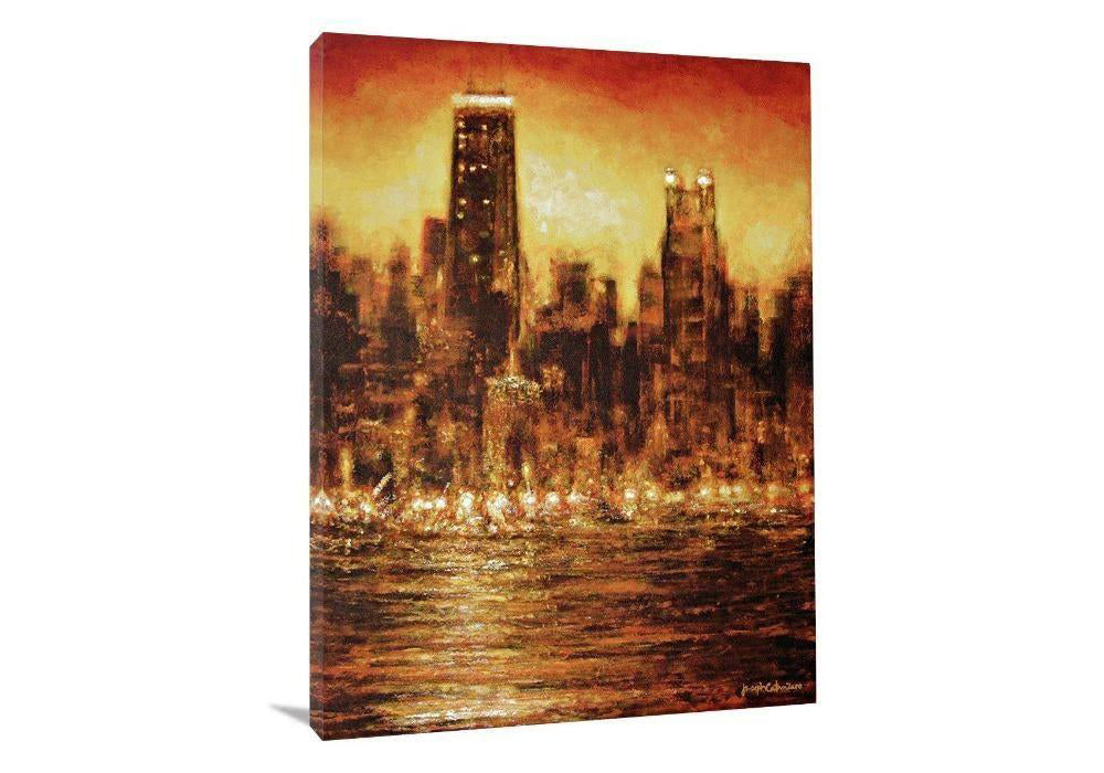 Chicago Skyline Print on Canvas - "Chicago Sunset - As The Lights Go On"