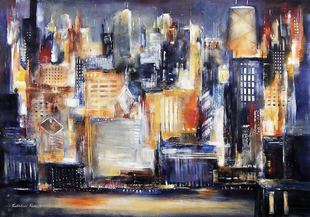 A painting of the Chicago skyline at night featuring the Sears Tower and The John Hancock