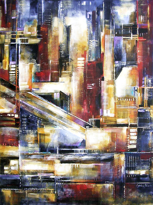 "Chicago River- When The Bridge is Up" is a colorful and geometric abstract painting of downtown Chicago.