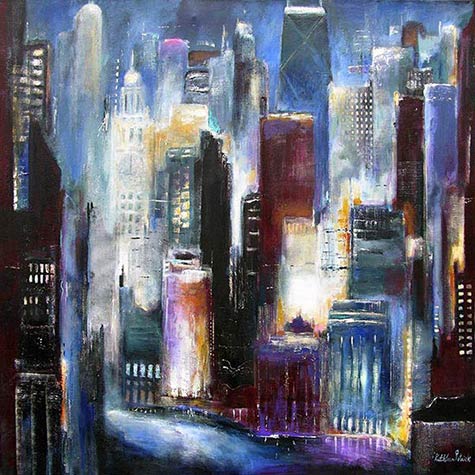 Custom painting of the Chicago river and skyline.