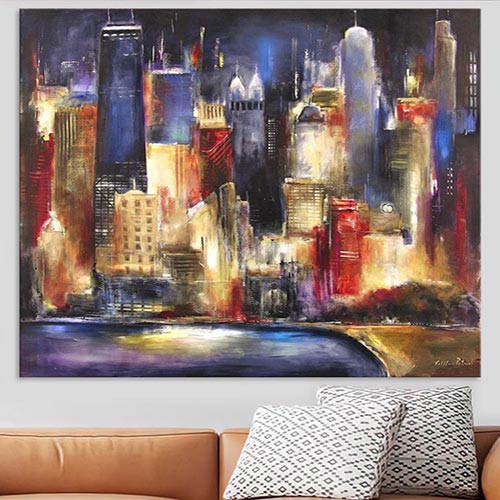 Fine art commission of the Chicago skyline at night.