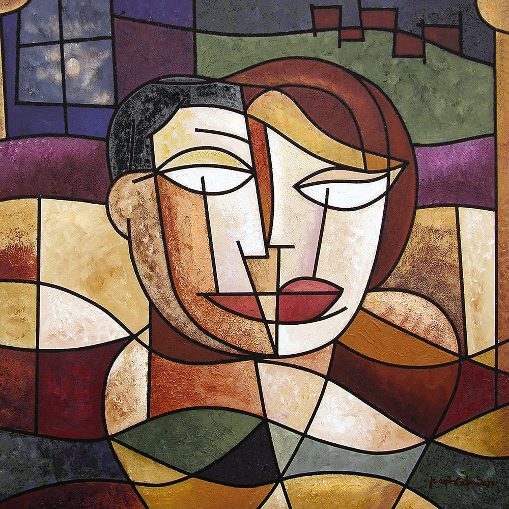 Colorful romantic couple painting in a cubist style.