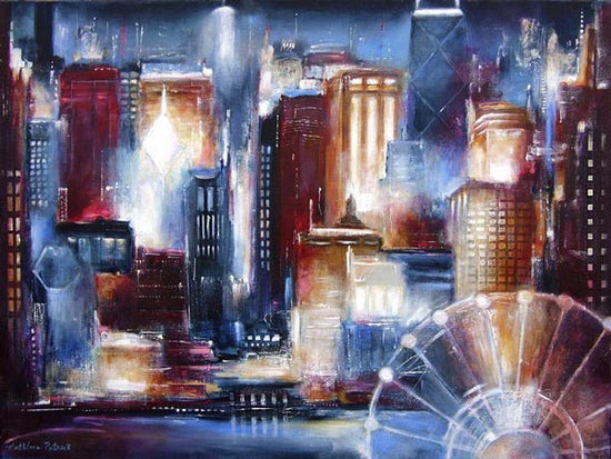 A painting of Chicago skyline at night seen from Lake Michigan. Large Chicago cityscape paintings are our specialty.
